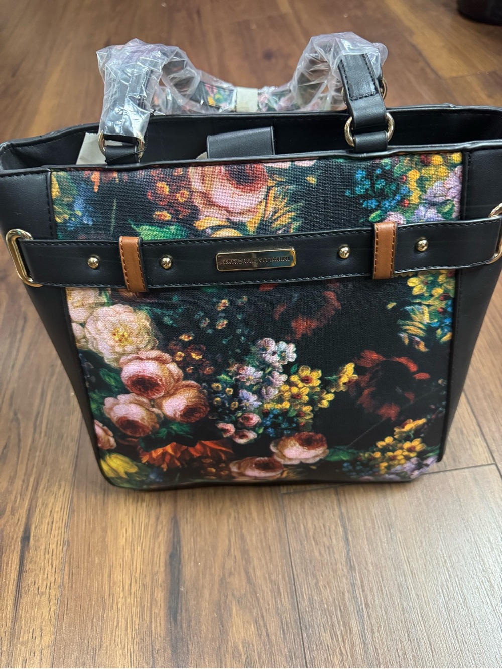 Adrienne Vittadini Black Floral Tote with Tan & Gold Accents